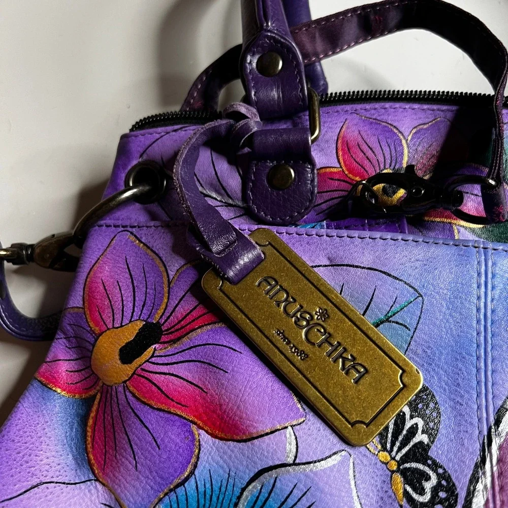 Anuschka Hand Painted Leather Satchel Purple Floral Butterfly Crossbody Bag